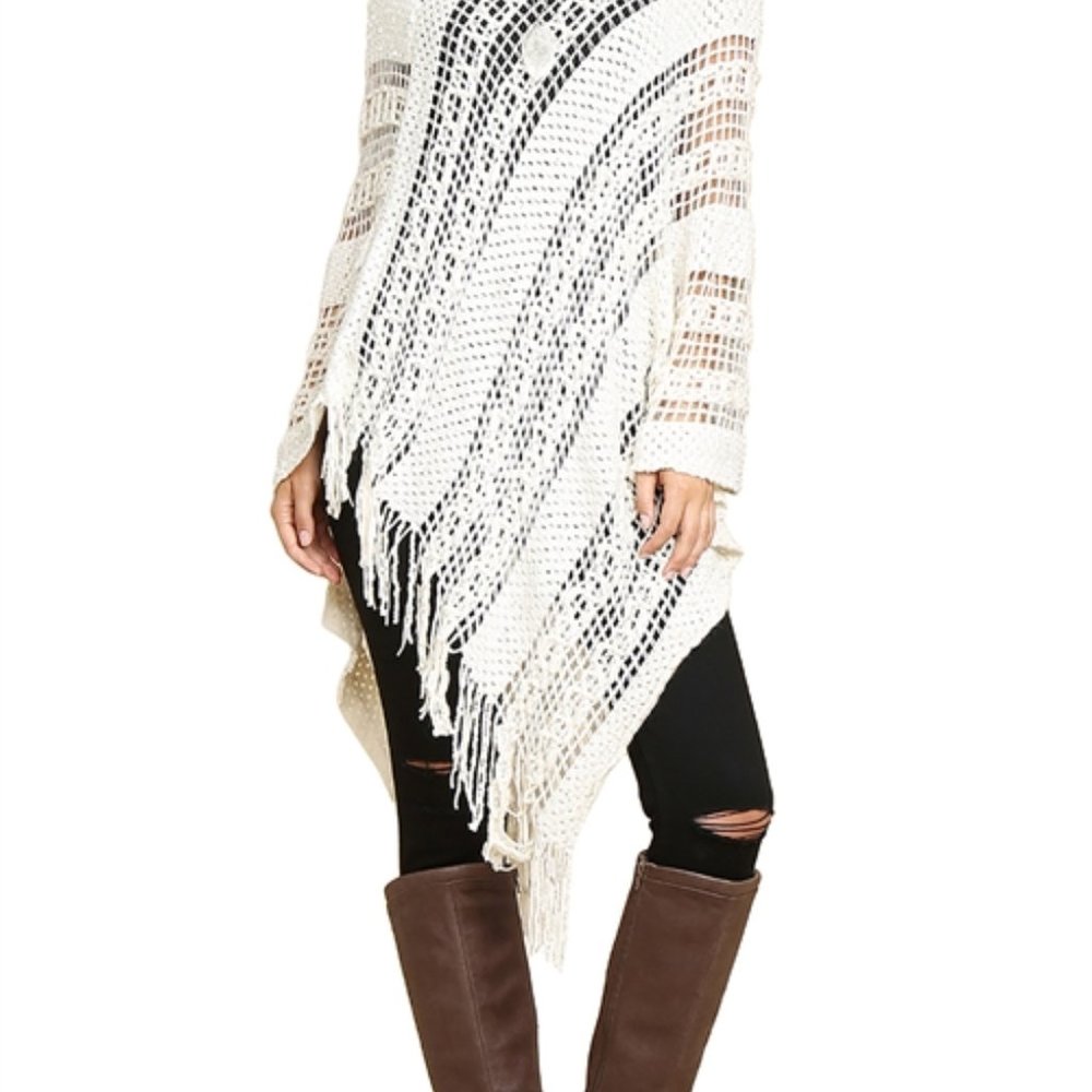 BEIGE CROCHET NATIVE PATTERN PONCHO